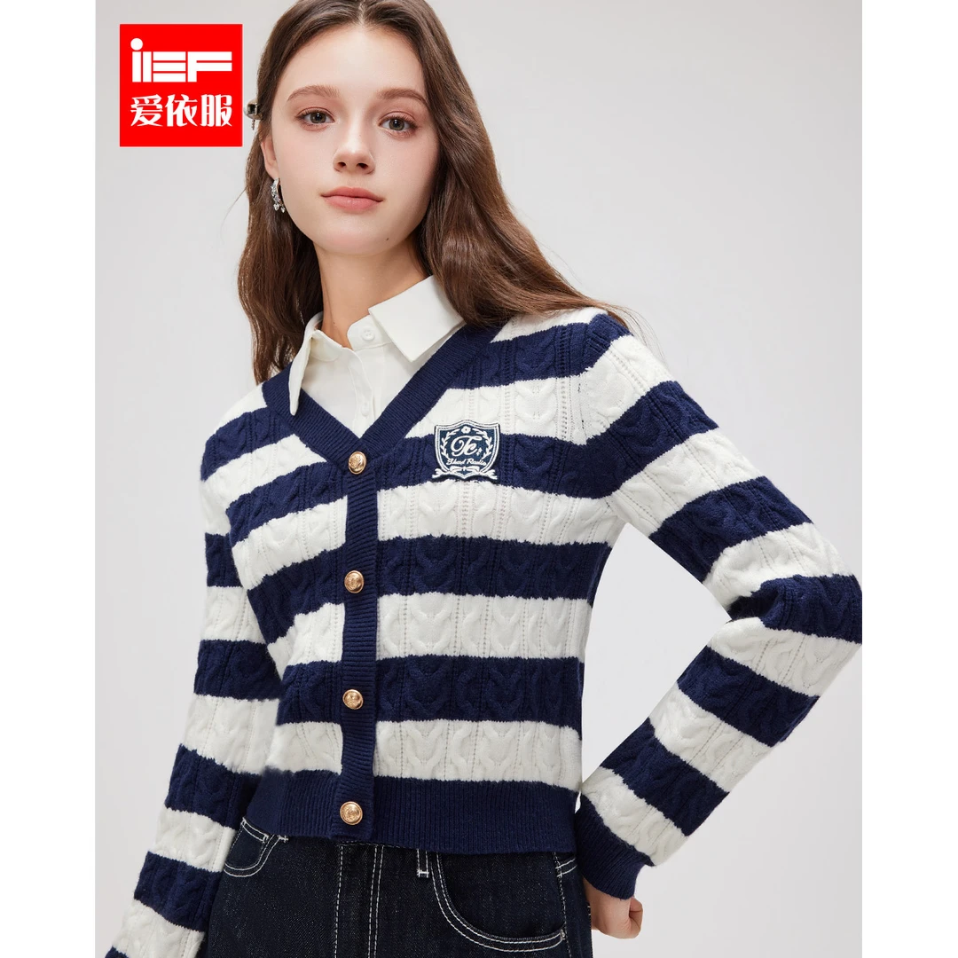 IEF/爱依服2025秋季新款甜美风时尚复古显瘦百搭别致条纹毛织上衣
