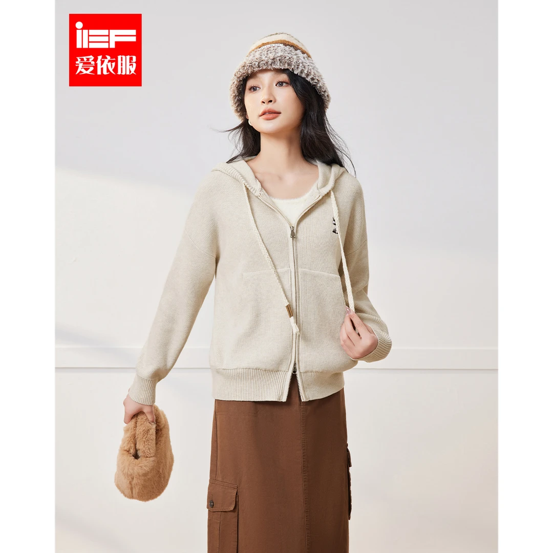 IEF/爱依服2025秋冬新款韩版休闲运动风连帽设计通勤毛织卫衣外套