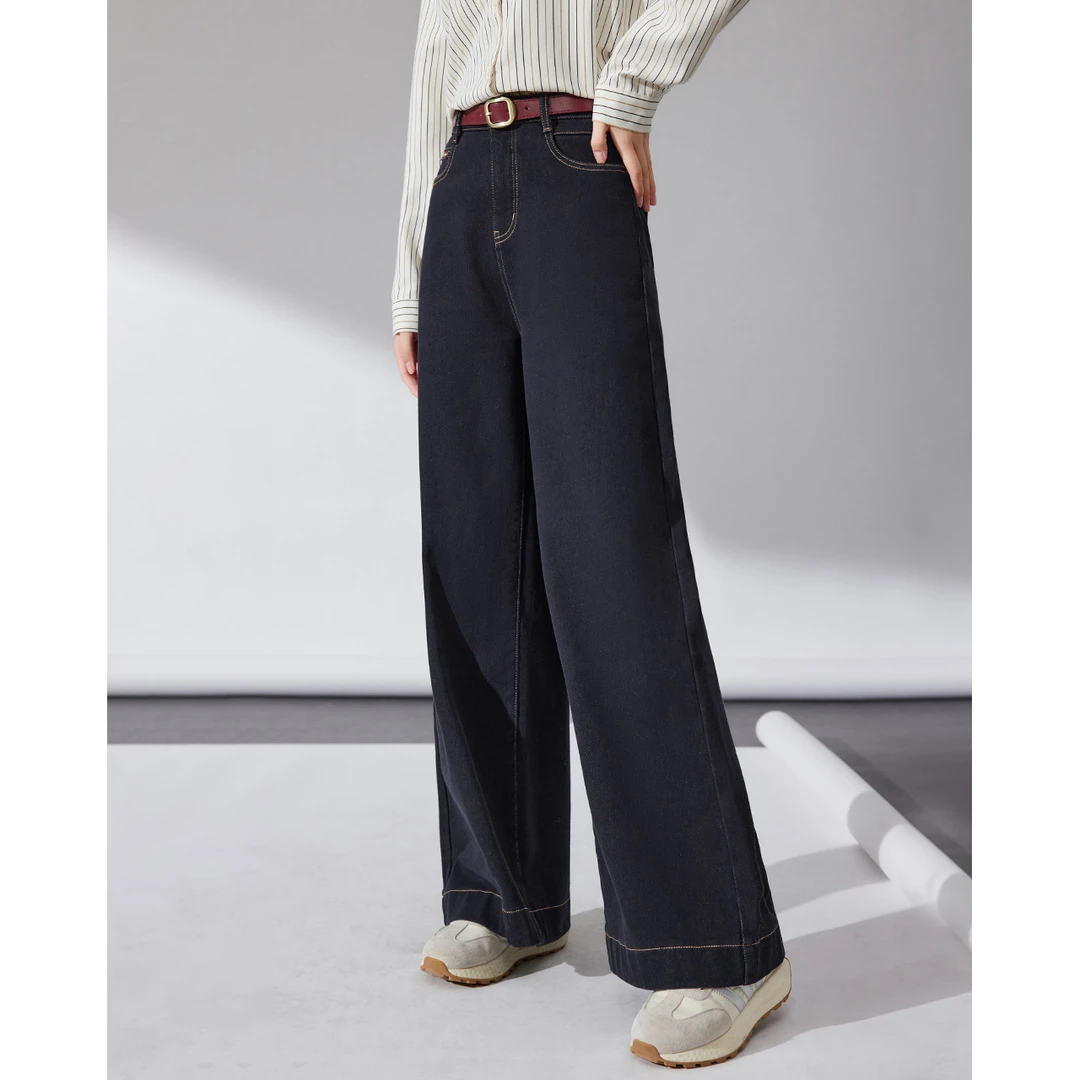 IEF/爱依服裤子2024冬新款港式复古简约时尚通勤百搭牛仔阔腿裤