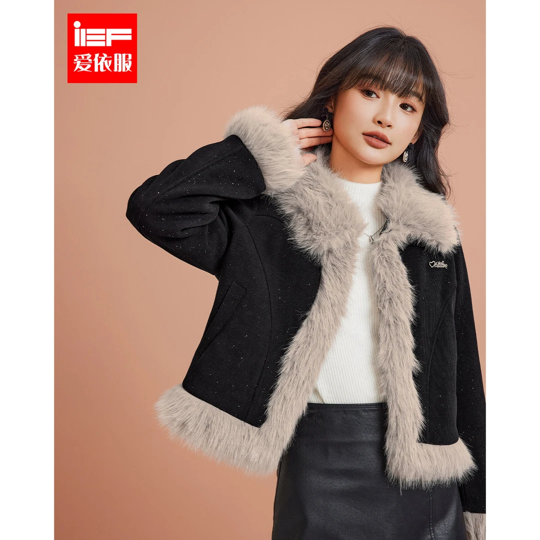 IEF/爱依服2025季新款复古别致设计毛领撞色时尚短款针织外套