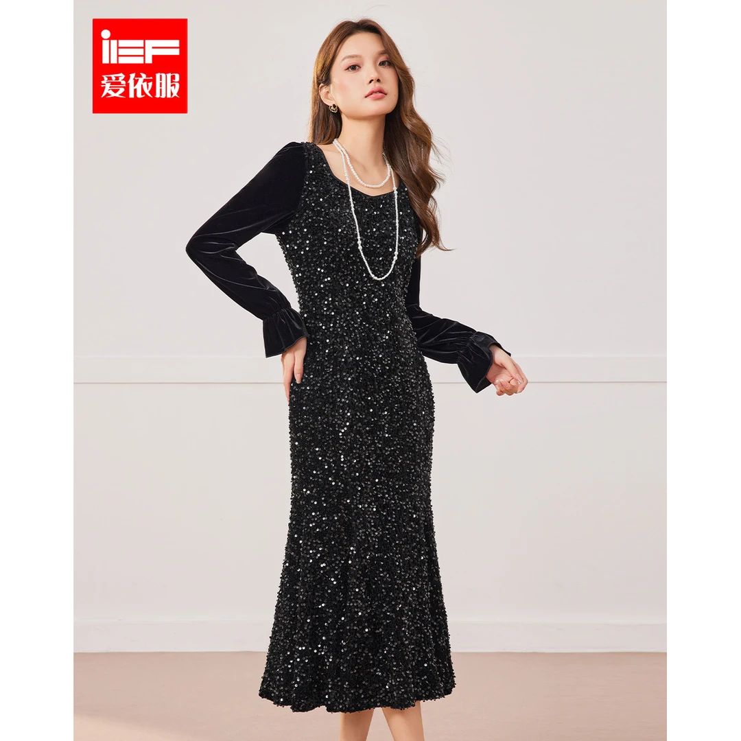 IEF/爱依服2025秋季新款法式方领修身显瘦亮片气质通勤连衣长裙