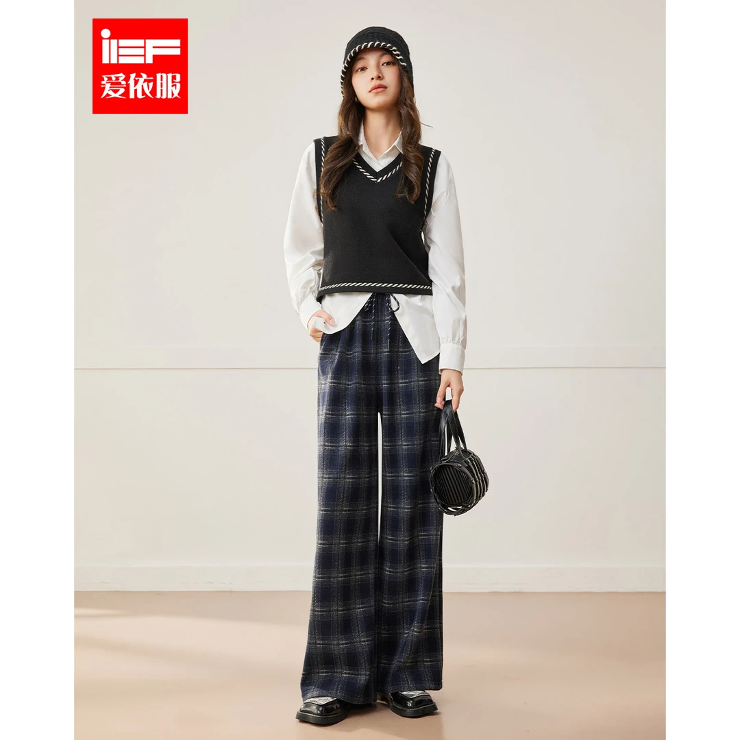 IEF/爱依服长裤2025冬季新款韩版复古时尚抽绳格子垂感显瘦阔腿裤