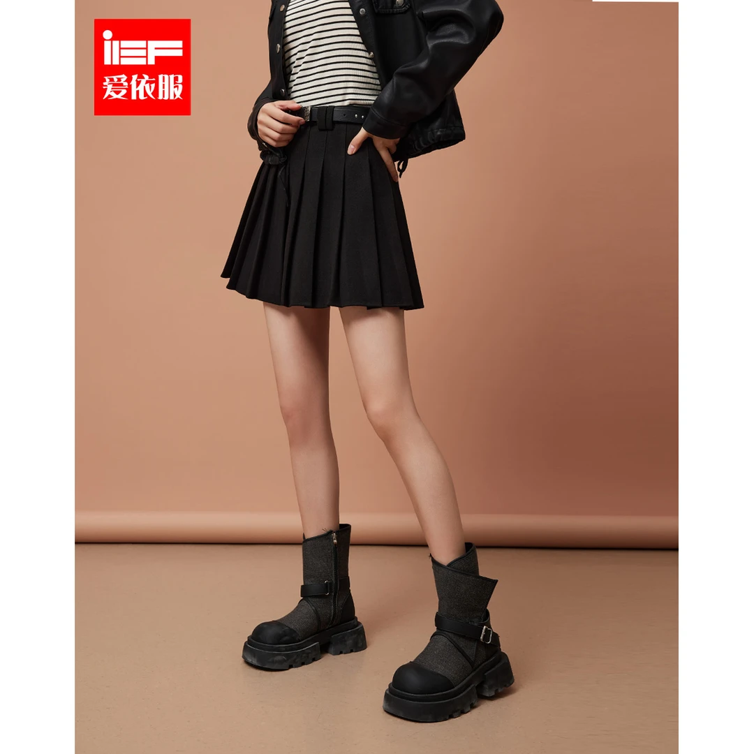 IEF/爱依服半身裙2025冬季新款韩系风简约纯色学院风百搭呢绒摆裙