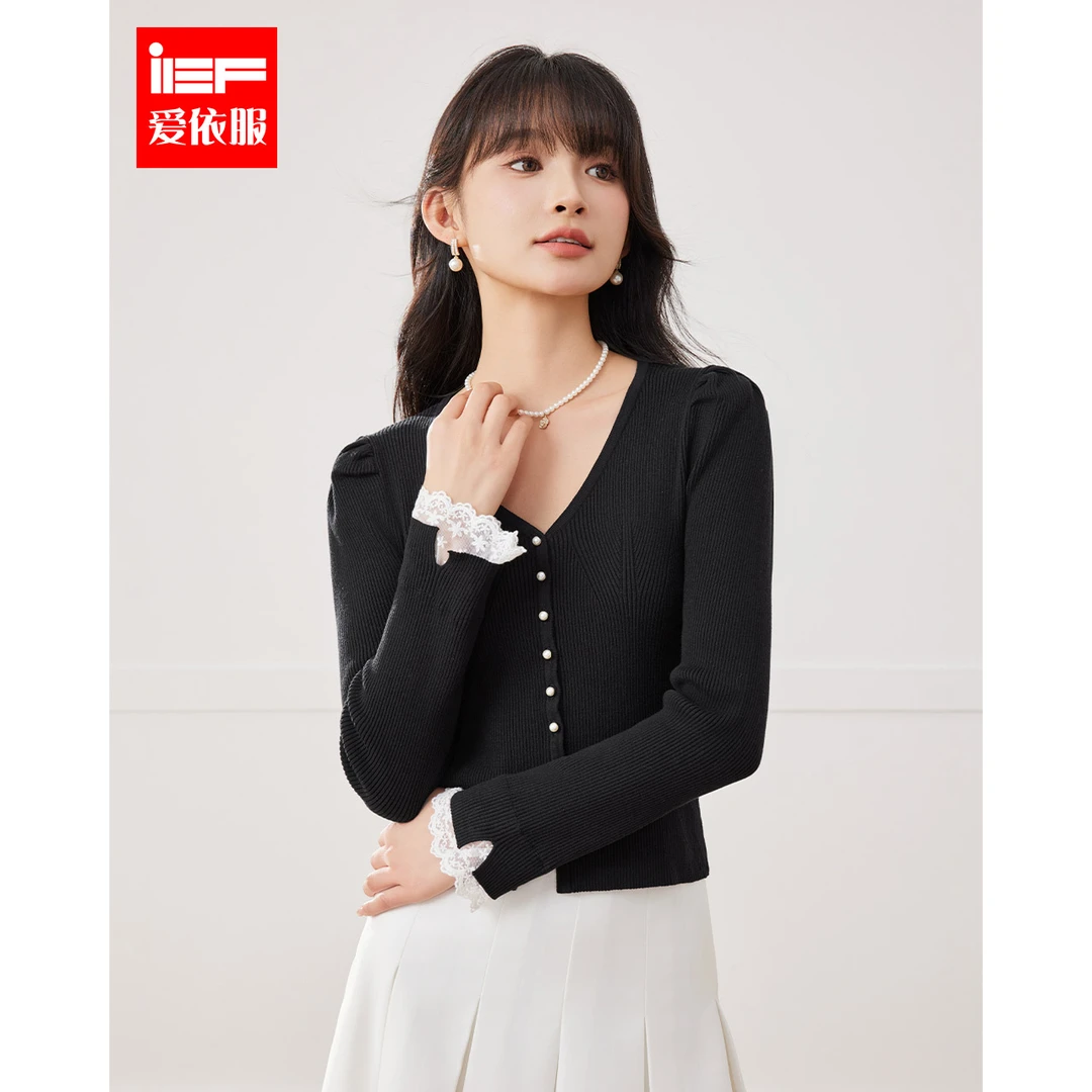 IEF/爱依服2025秋季新款法式温柔风蕾丝拼接设计感别致时尚针织衫