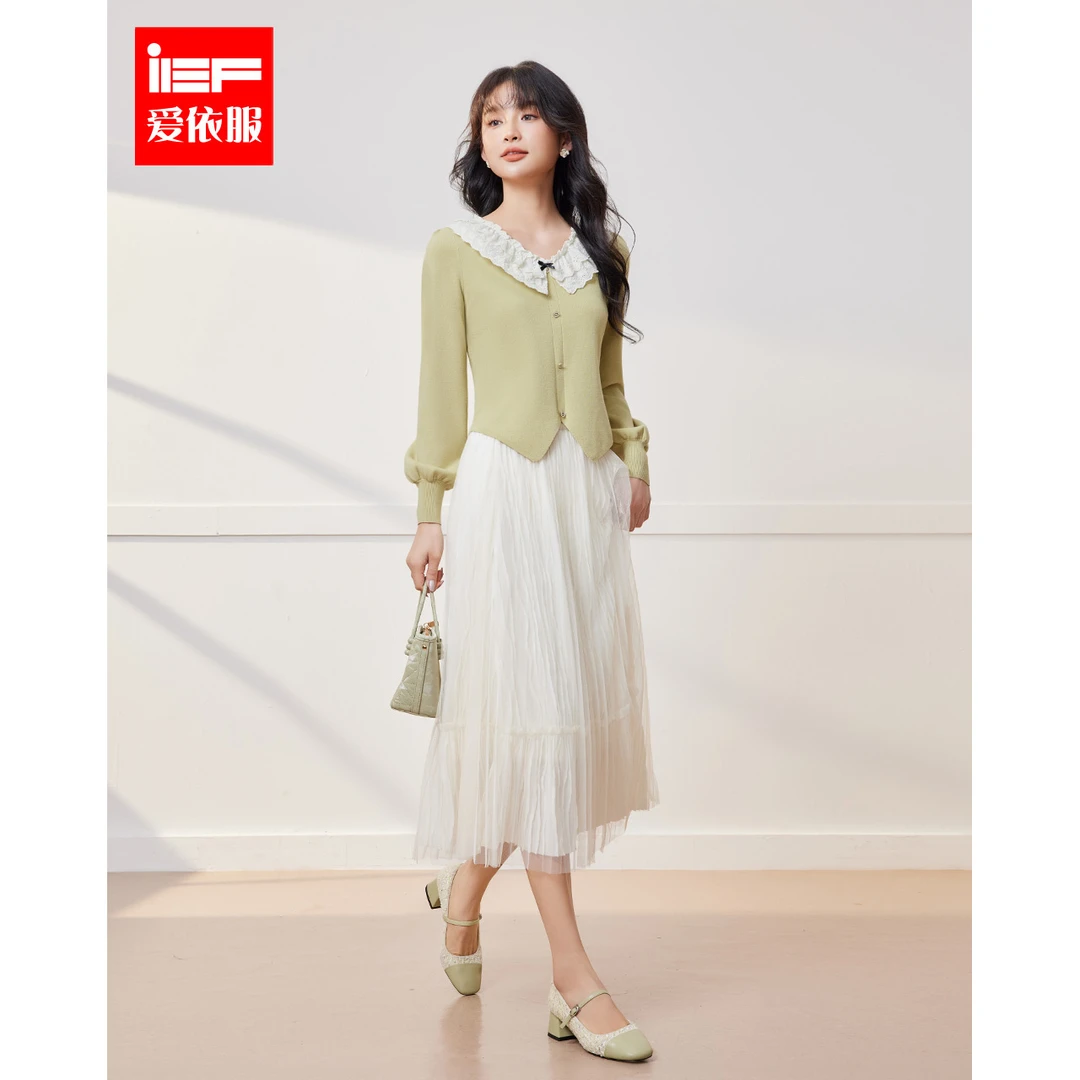 IEF/爱依服2025秋季新款法式温柔淑女气质时尚花边领设计毛织上衣