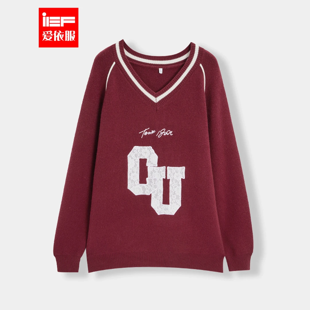 IEF/爱依服2025秋季新款复古美式简约设计蕾丝字母毛织中上衣