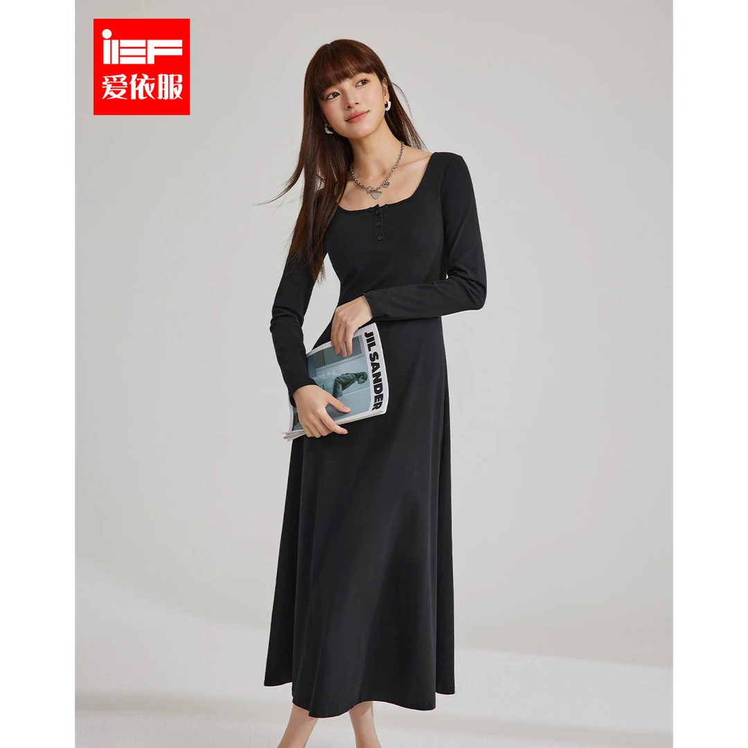IEF/爱依服连衣裙2025秋季新款韩版简约纯色休闲风气质连衣长裙