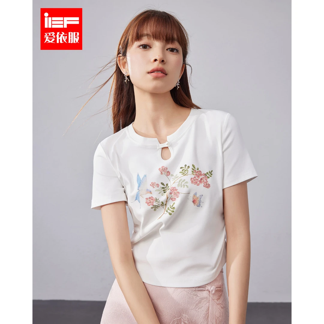 IEF/爱依服2024夏季新款韩版时尚印花简约百搭休闲通勤棉T恤