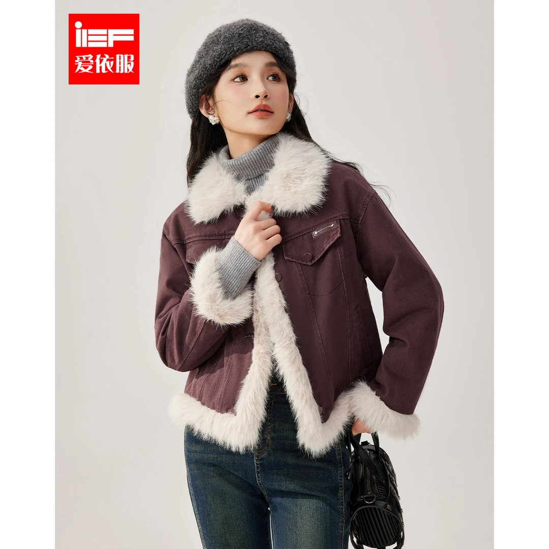 IEF/爱依服2025冬季新款美式拼接时尚复古设计感百搭小众牛仔外套
