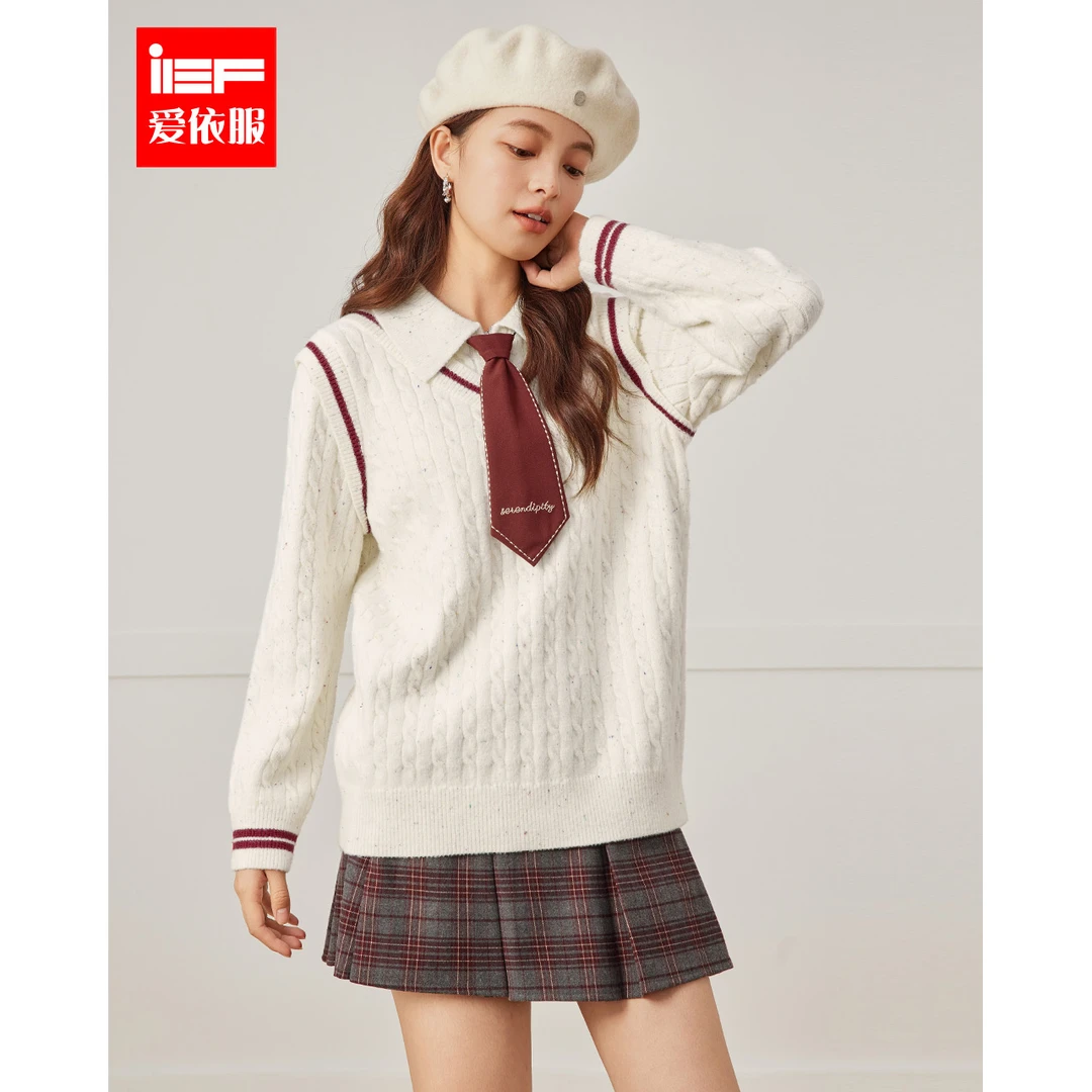 IEF/爱依服毛衣2025秋冬新款韩版减龄学院风麻花辫设计毛织中上衣