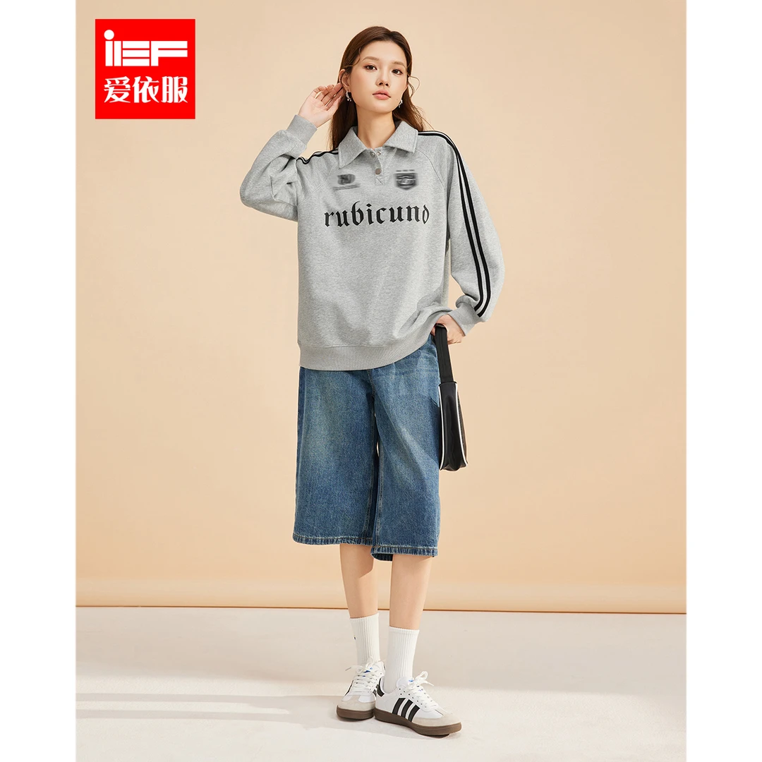 IEF/爱依服2025秋季新款时尚美式复古POLO领宽松设计中长款卫衣