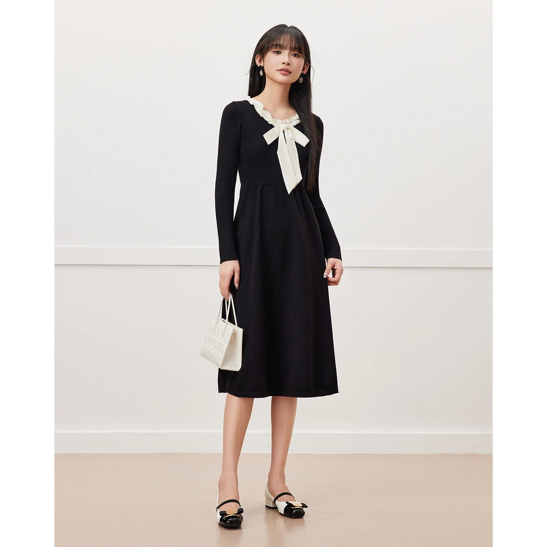 IEF/爱依服2025早秋新款蝴蝶结细带法式优雅气质时尚显瘦连衣中裙