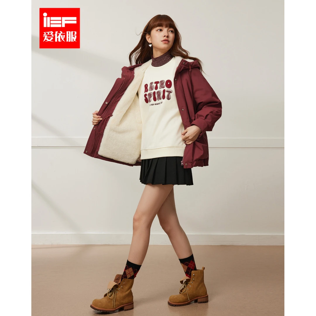 IEF/爱依服2025冬季新款韩版时尚休闲运动风加绒保暖工装中长外套