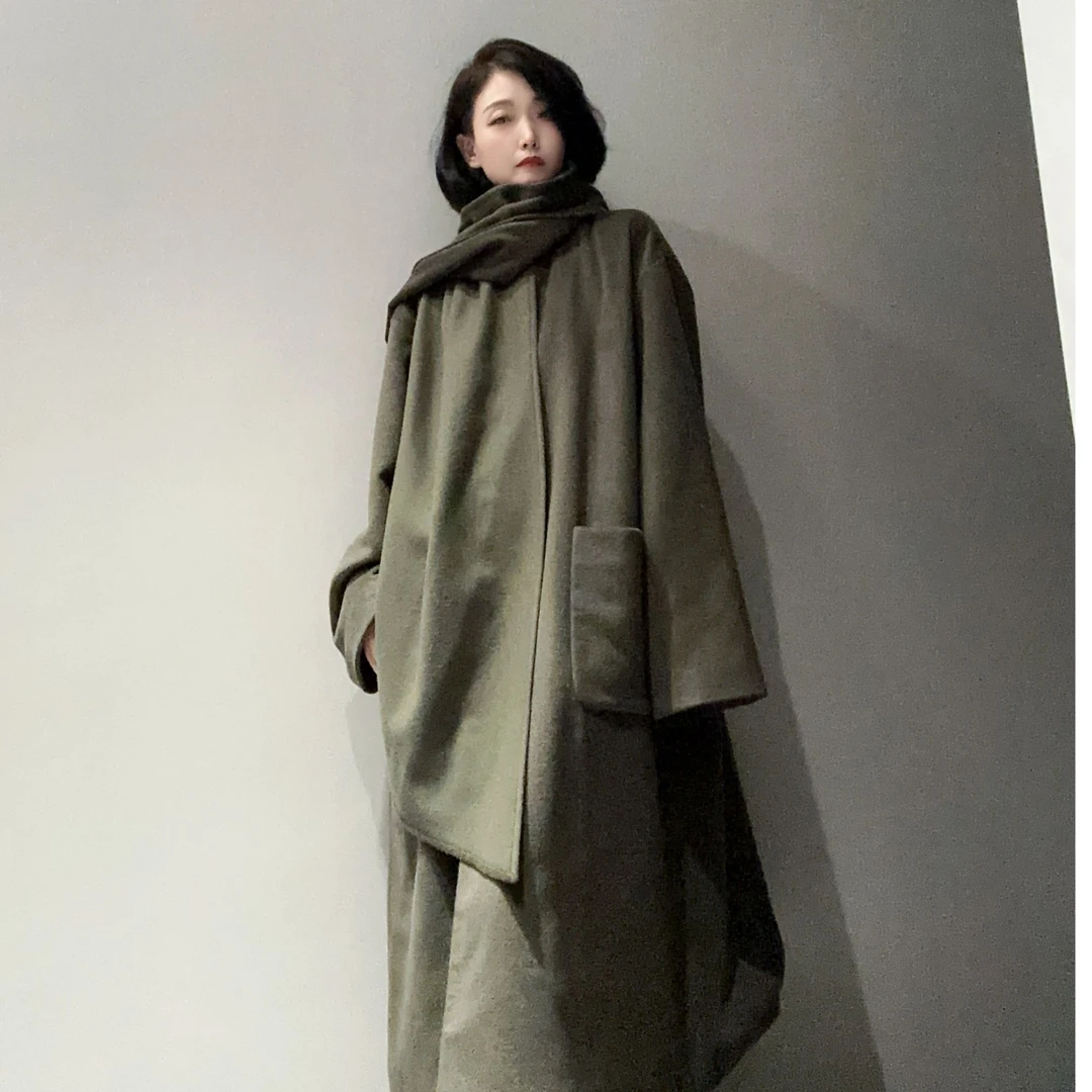 【绿韵流影】意大利进口羊毛呢带围巾领大衣MC9963