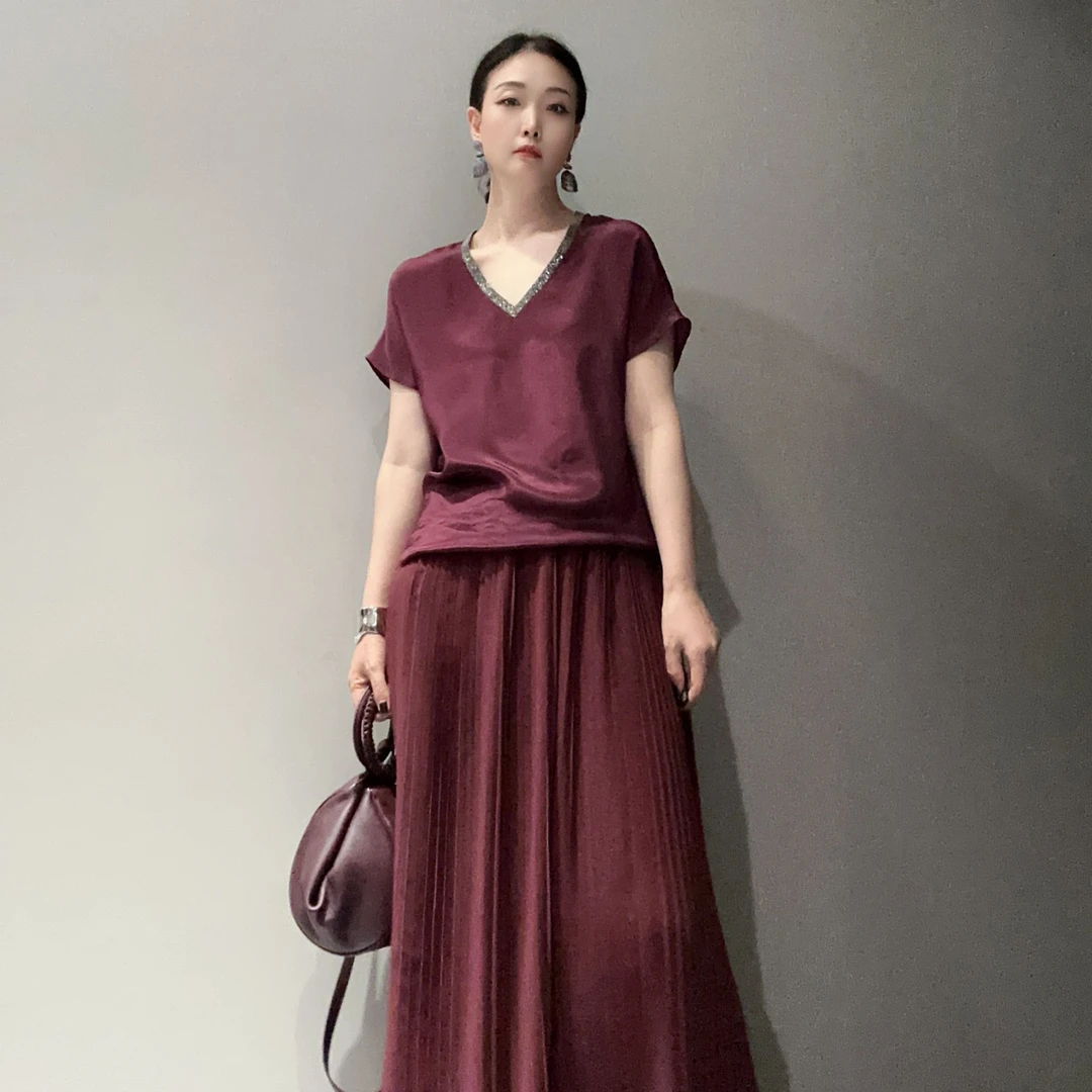 桑蚕丝钻饰V领上衣MT9720