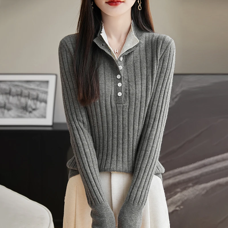 秋冬新款加厚抽条假两件100%羊毛长袖针织衫半开毛衣女士修身上衣