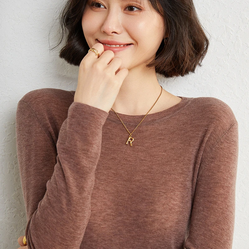 薄款精纺细纱水溶100%羊毛经典圆领打底衫修身套头毛衣保暖上衣女