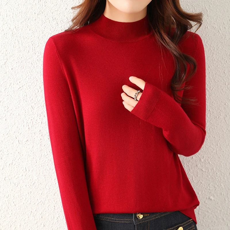 精纺绵羊毛半高领打底衫长袖针织套头毛衣薄款精纺细纱上衣可外穿