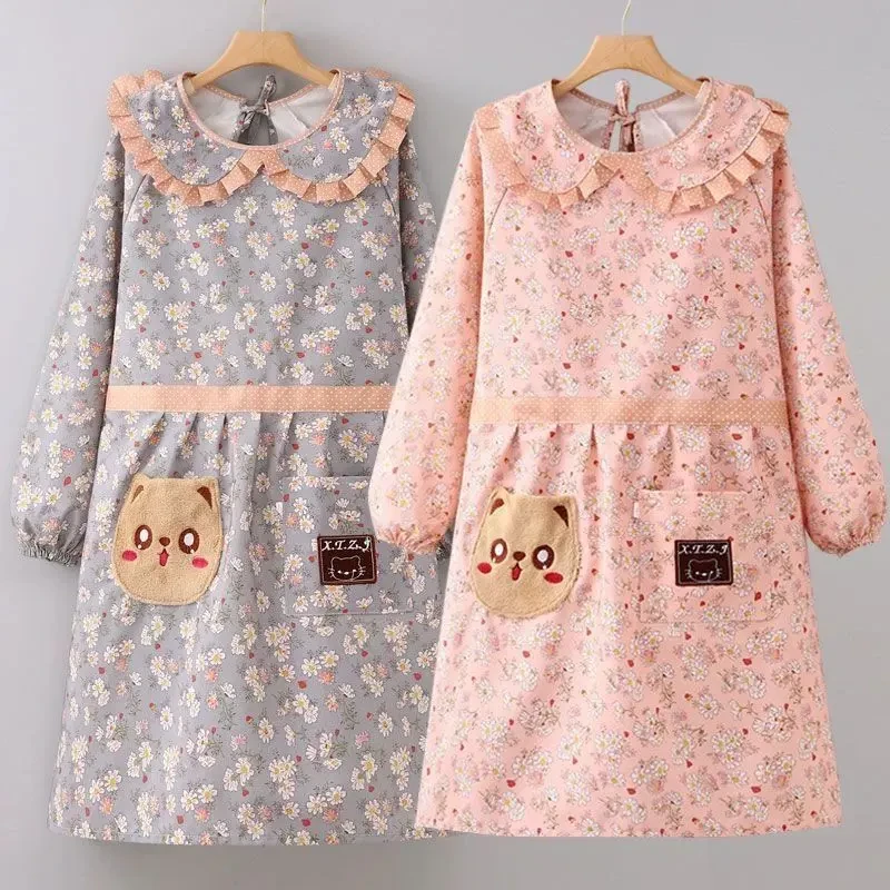 新款长袖帆布围裙女家用厨房做饭防污耐磨娃娃领洋气罩衣工作服yw