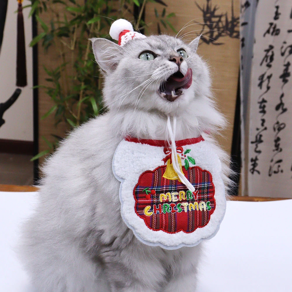 宠物圣诞雪花帽猫咪可爱围巾小型犬圣诞围兜刺绣格子字母围脖