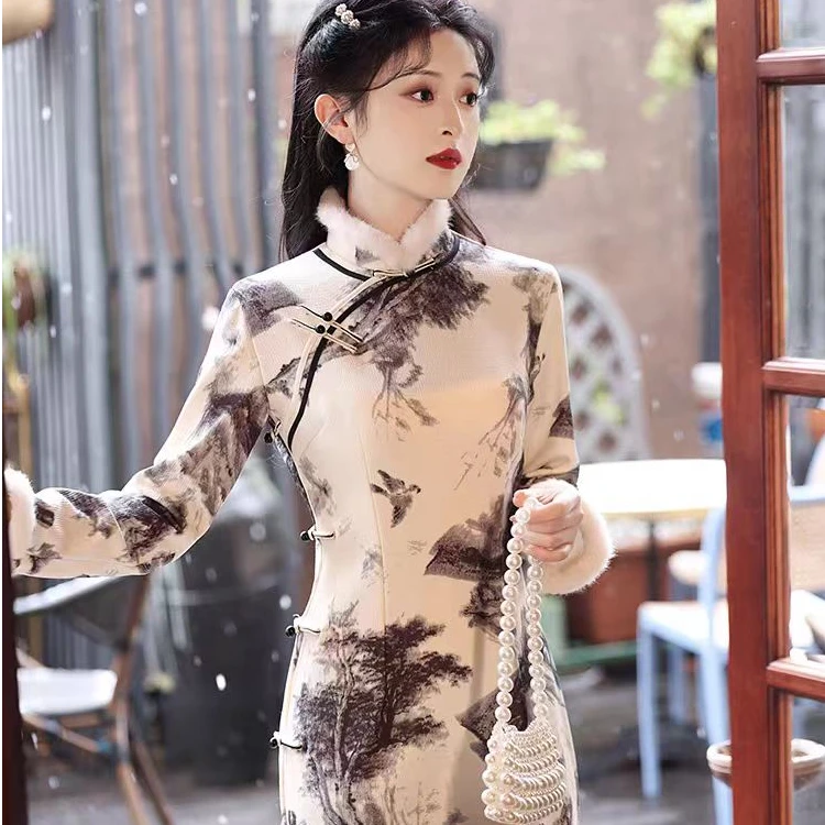 恬子梦 T489 冬季加绒 念君子 裙长125 长袖旗袍