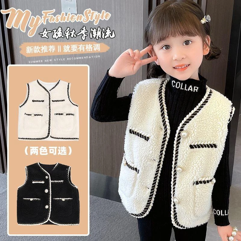女童秋冬新款小香风外套2023网红坎肩加绒马甲韩版洋气上衣萌