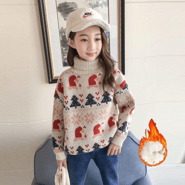 女童高领毛衣秋冬2023新款韩版加绒红色加厚圣诞新年儿童针织衫潮