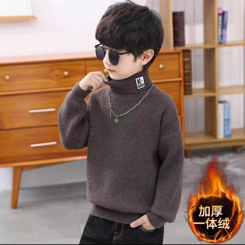 男童毛衣一体绒2023新款冬加厚高领毛衣儿童针织衫打底衫洋气特暖