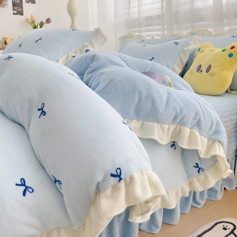 冬季牛奶绒床盖四件套双面加绒加厚保暖被罩套珊瑚绒床单法兰绒三