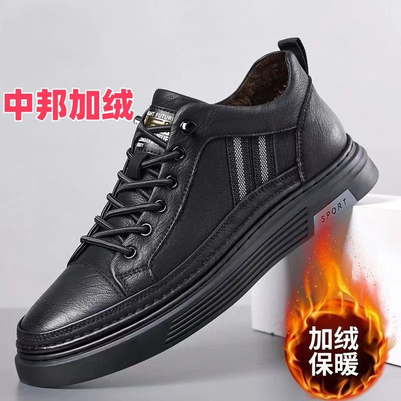 新款时尚百搭耐磨手工上线加绒秋冬一脚蹬中邦款真皮牛皮休闲皮鞋