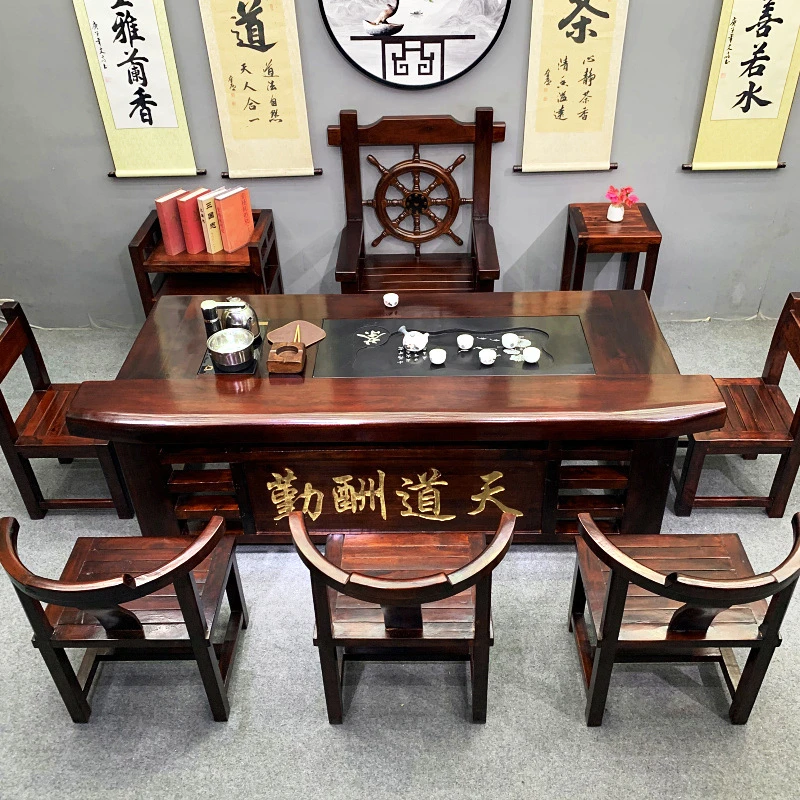 老船木茶桌椅组合简约原木家用小户型功夫茶台阳台办公室客厅茶几