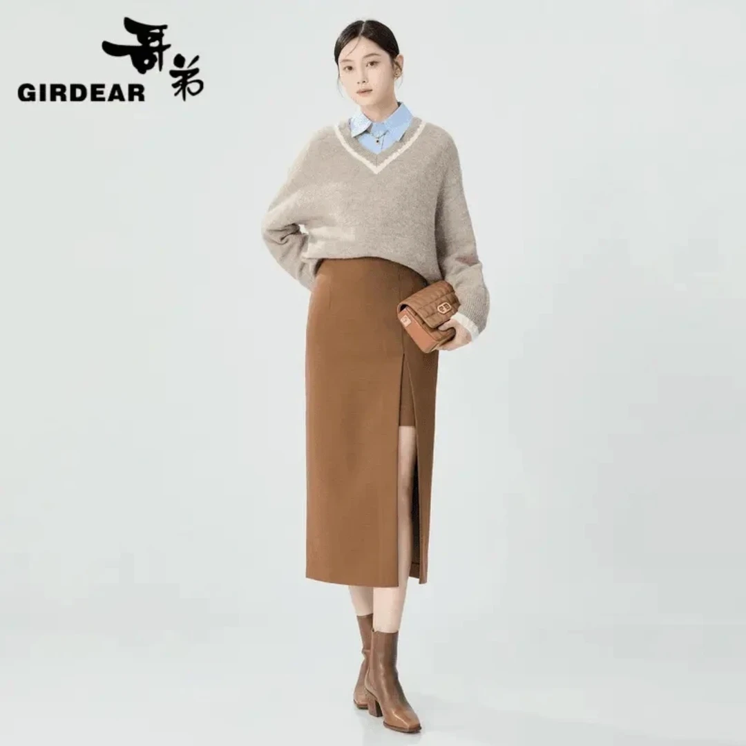 GIRDEAR/哥弟新款优雅知性半身毛呢裙侧开衩显瘦半身裙1200350