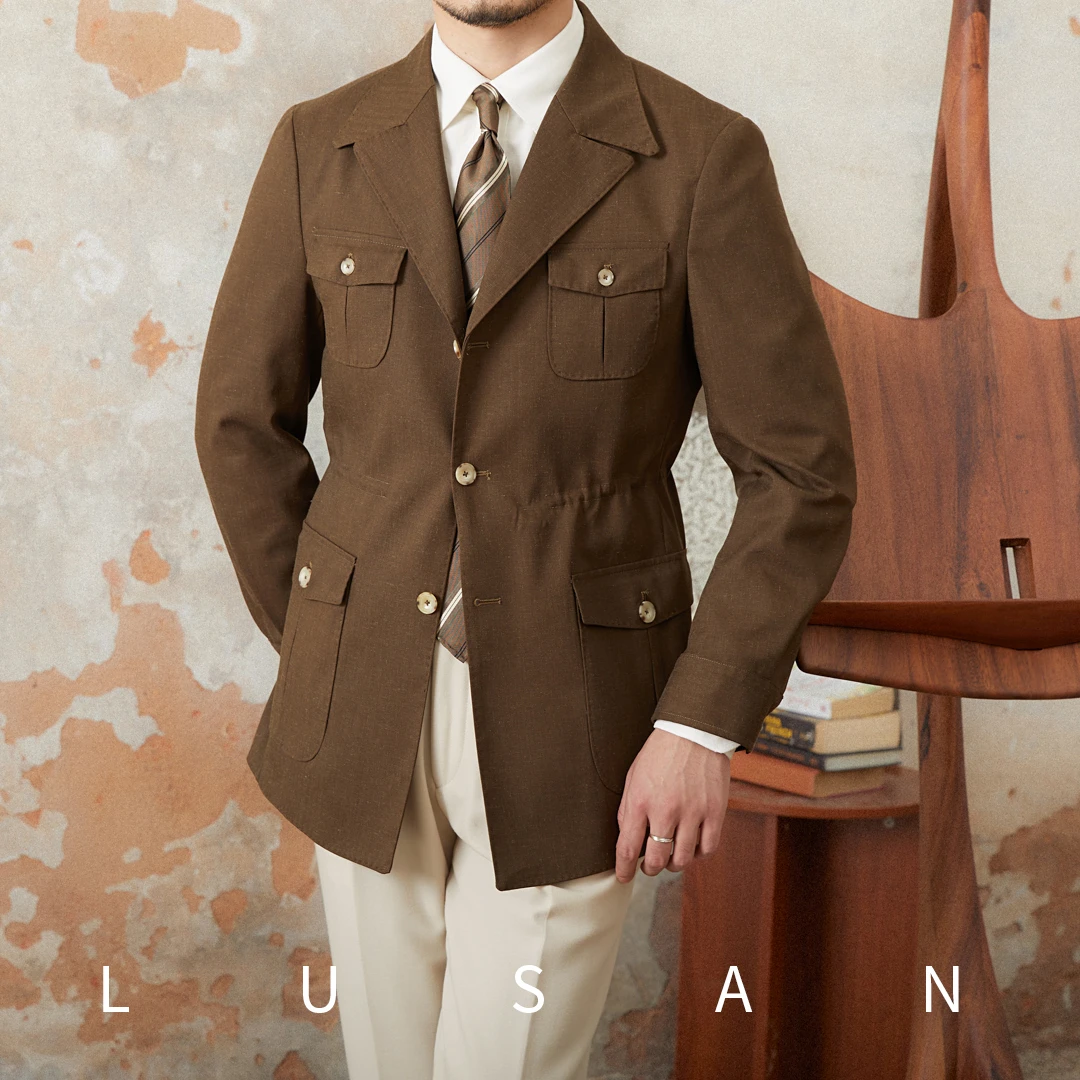 鹿三先生秋季新款男士修身收腰猎装夹克亚麻混纺意式复古休闲外套