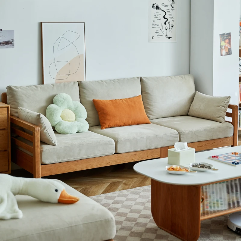 北欧实木直排长沙发樱桃木组合家用客厅原木奶油风三四单人位脚榻