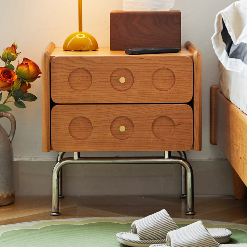实木床头柜樱桃木窄柜不锈钢腿小型夹缝卧室奶油风床边侧边收纳柜
