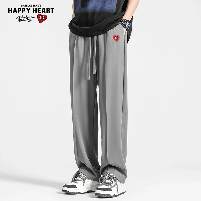 查尔斯桃心 垂感休闲裤子男士夏季薄款宽松2023新款爱心刺绣长裤