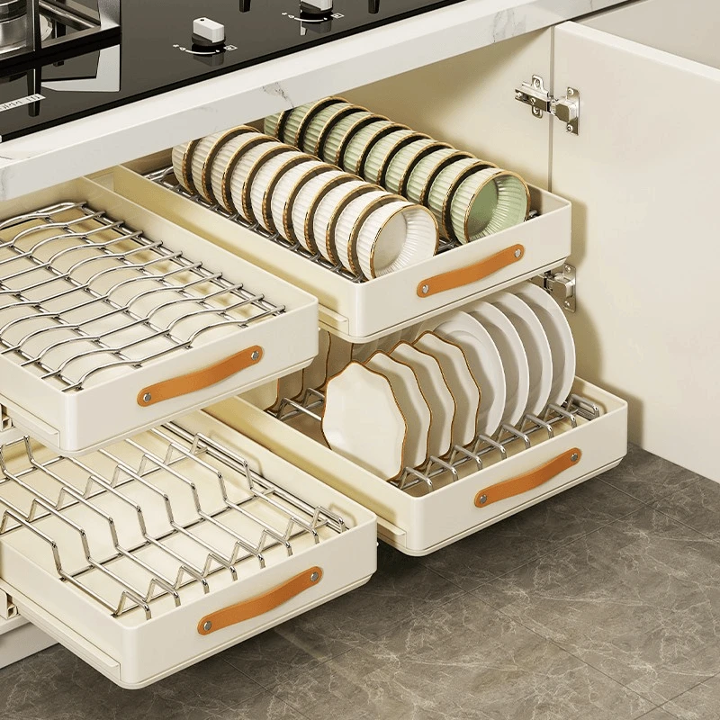 厨房抽拉碗碟收纳架不锈钢抽屉式置物架家用橱柜内拉篮碗盘沥水架