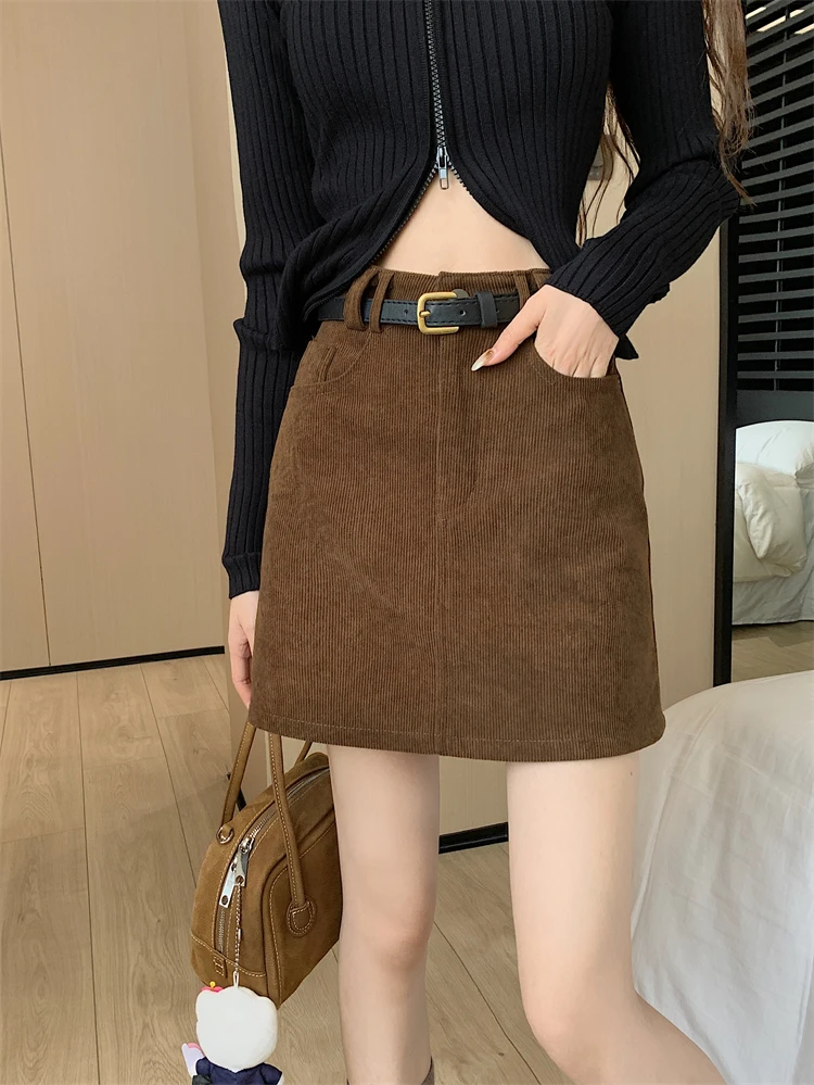 配腰带美拉德灯芯绒显瘦半身裙女秋冬新款高腰韩版复古复裙子ins