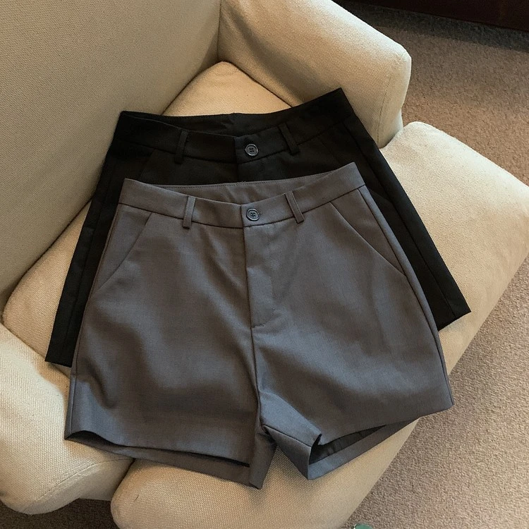 灰色西装短裤子女夏季高腰显瘦a字阔腿裤小个子休闲打底外穿靴裤