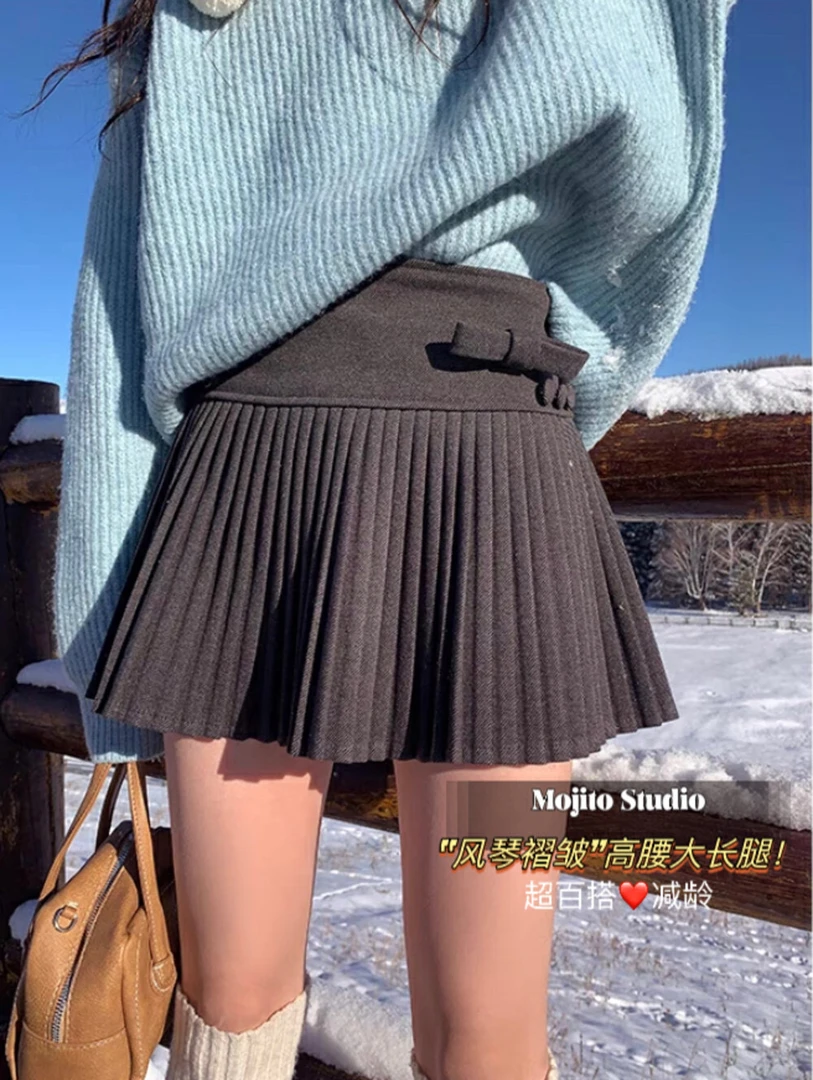 毛呢百褶裙女2025秋冬显瘦半身裙防走光短裙设计感可爱呢子A字裙
