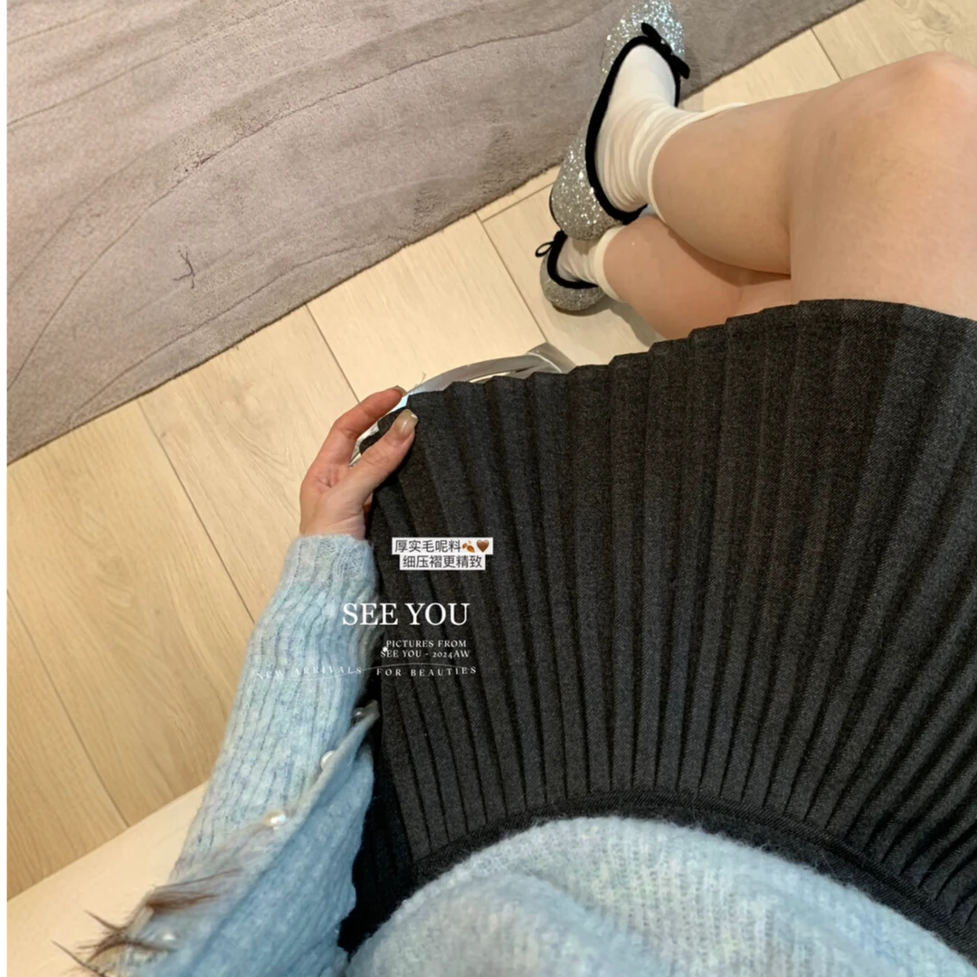 冬上新!通勤气质百褶高腰显瘦遮肚子a字半身裙女风琴褶毛呢短裙厚