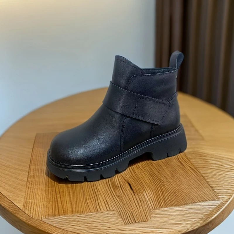 2024头层牛皮厚底靴女秋冬英伦新款时尚加绒保暖短靴马丁短筒