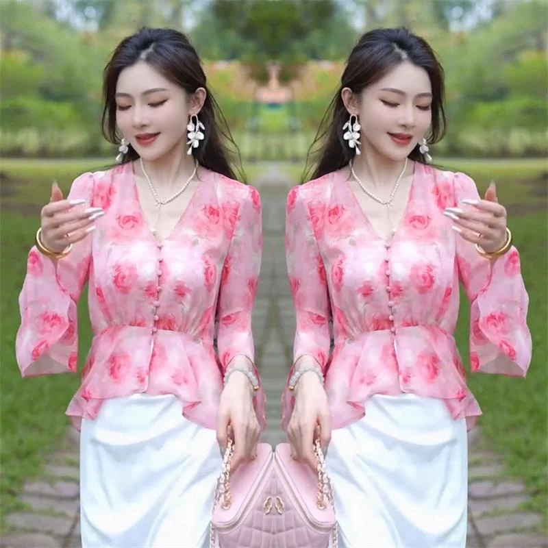 气质轻熟风套装裙女夏季薄款印花雪纺上衣+高腰显瘦半身裙两件套