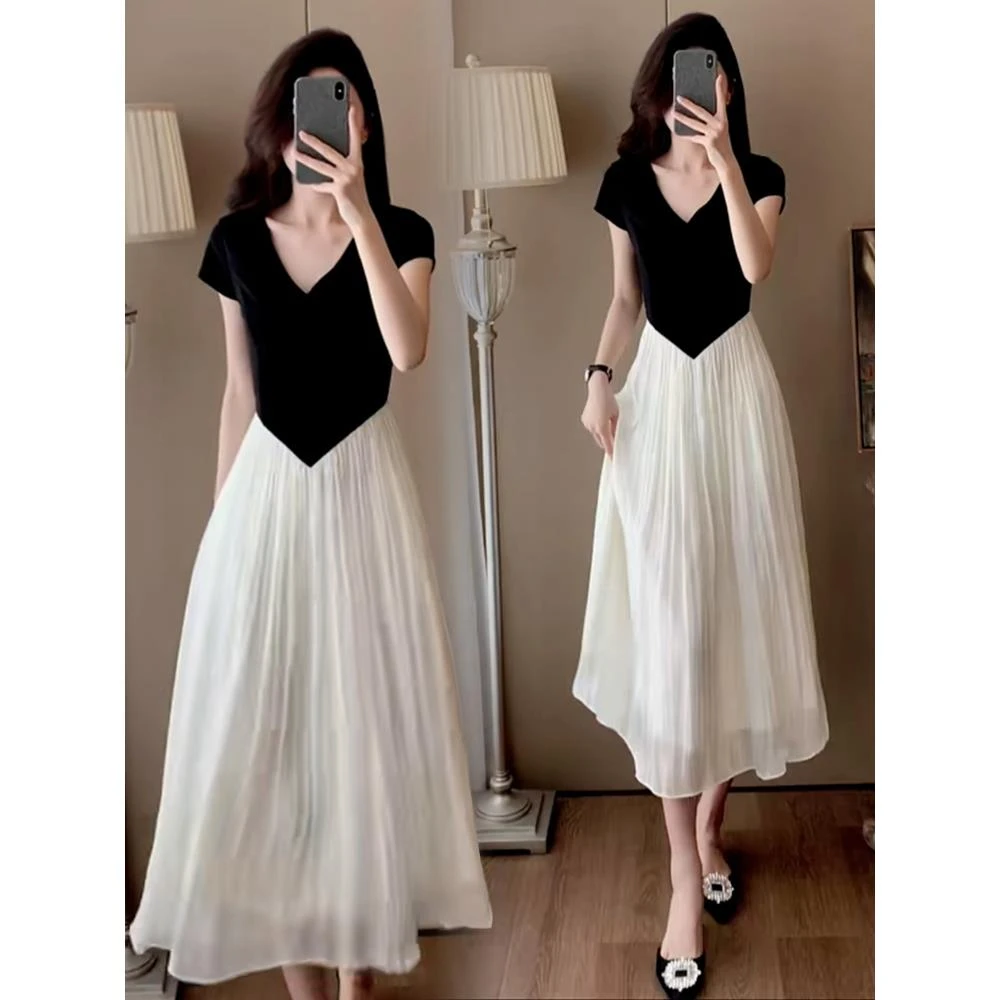 法式撞色拼接短袖连衣裙女士2025夏季新款休闲百搭纯色V领百褶裙