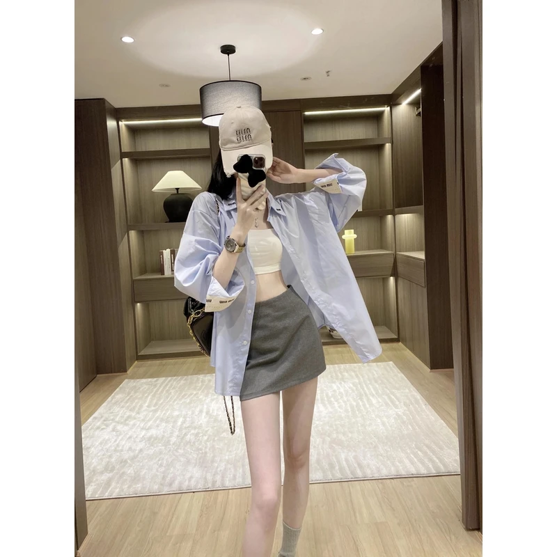 高级感蓝色长袖衬衫外套女2024早秋新款时尚百搭宽松休闲刺绣衬衫