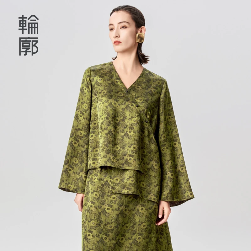 轮廓青韵新中式老钱风提花小上衣L242Y039优雅端庄印花缎面衬衫女