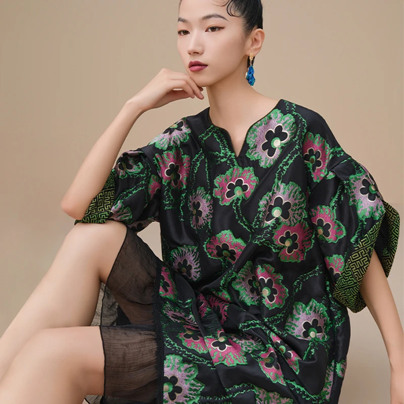 吉丘古儿风吟花舞V领花苞袖连衣裙复古提花民族风花边裙G233Y075