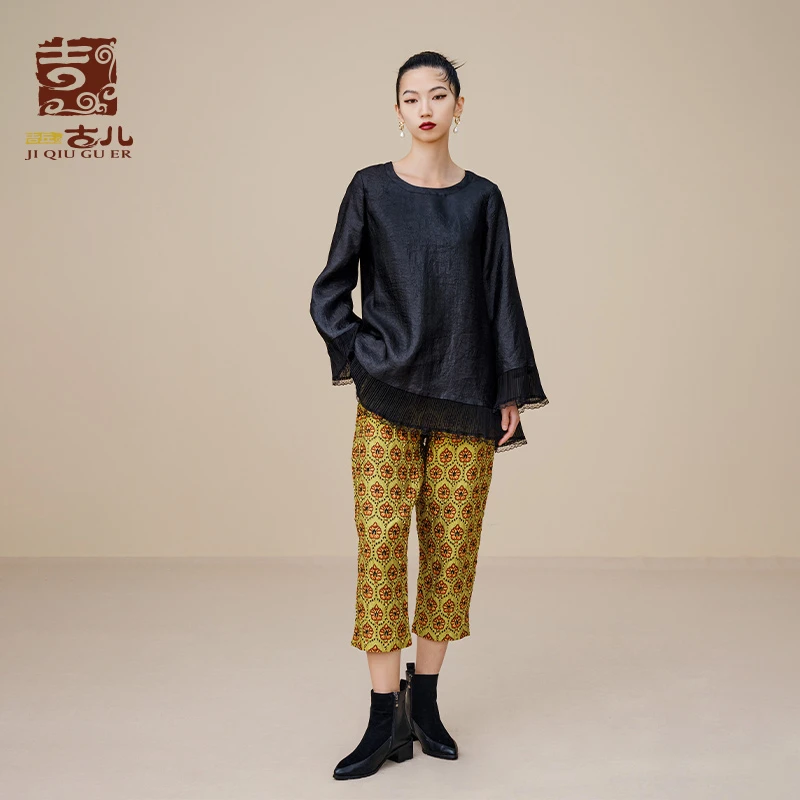 吉丘古儿墨香通勤优雅T恤褶皱肌理蕾丝拼接袖新中式上衣G233Y020