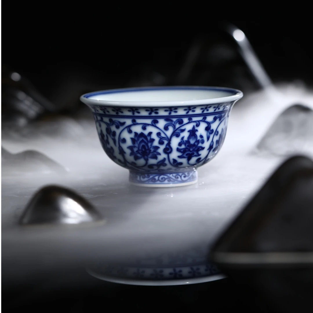 景德镇天御景窑清仿明全手工手绘缠枝莲永乐压手主人杯1：1复刻款