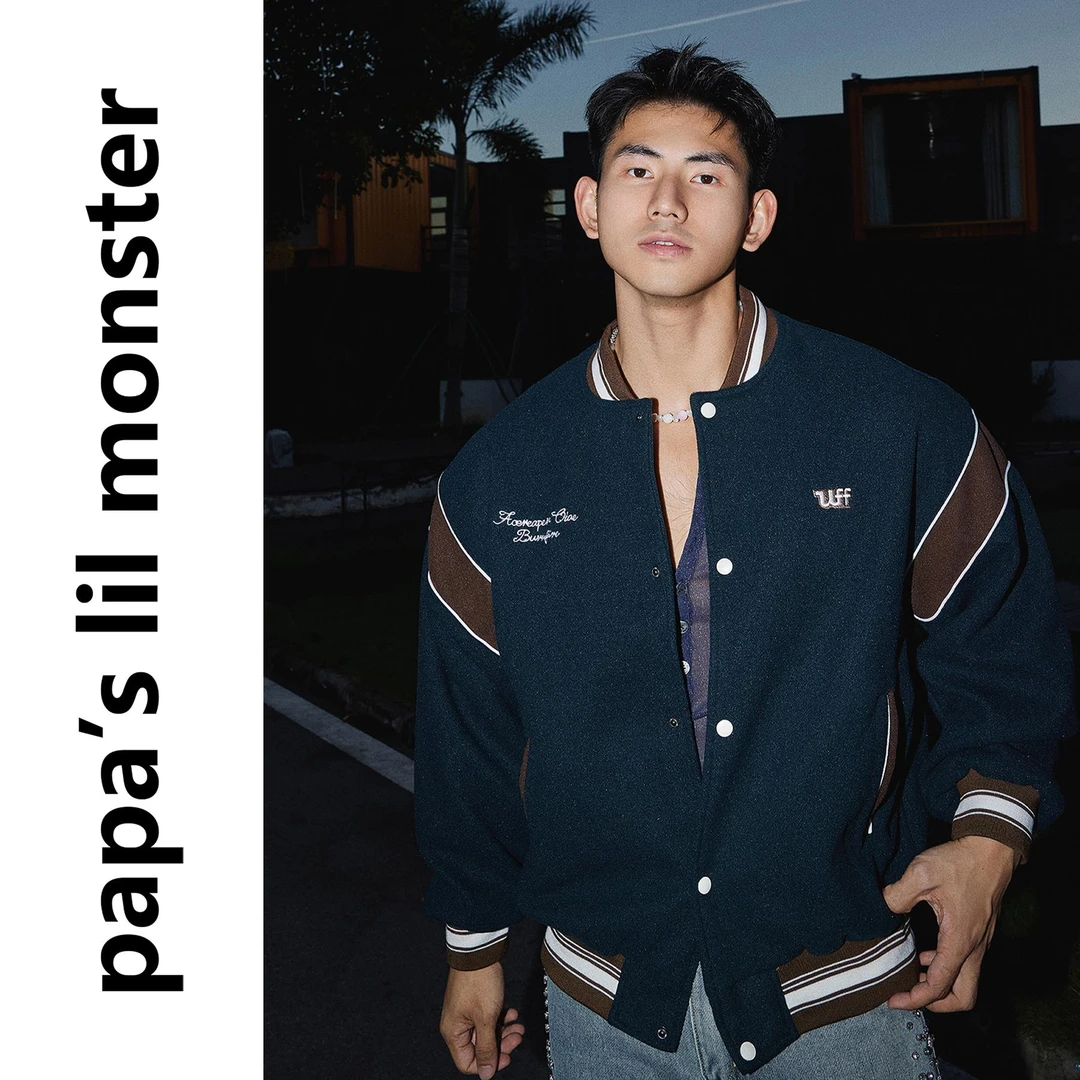 PAPASLILMONSTER美式宽松休闲毛呢飞行夹克 刺绣撞色棒球服上衣